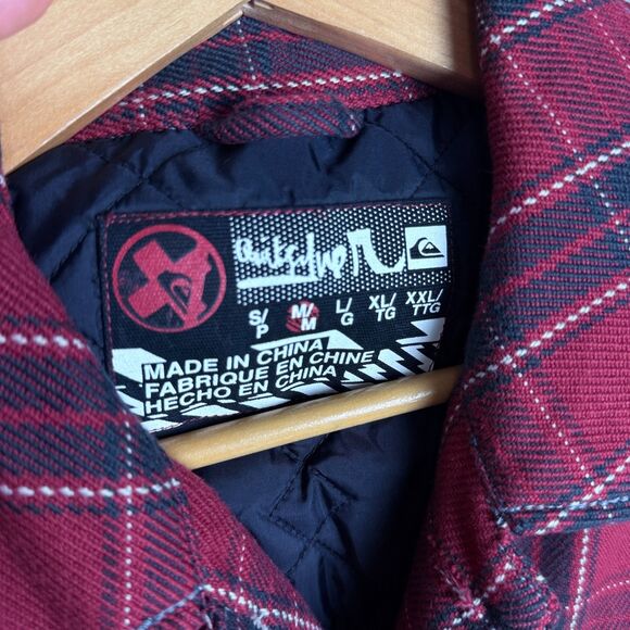 Vintage Y2K Quiksilver Quilted Flannel Shacket Red Black Plaid Mens M Surf Skate - Picture 5 of 11